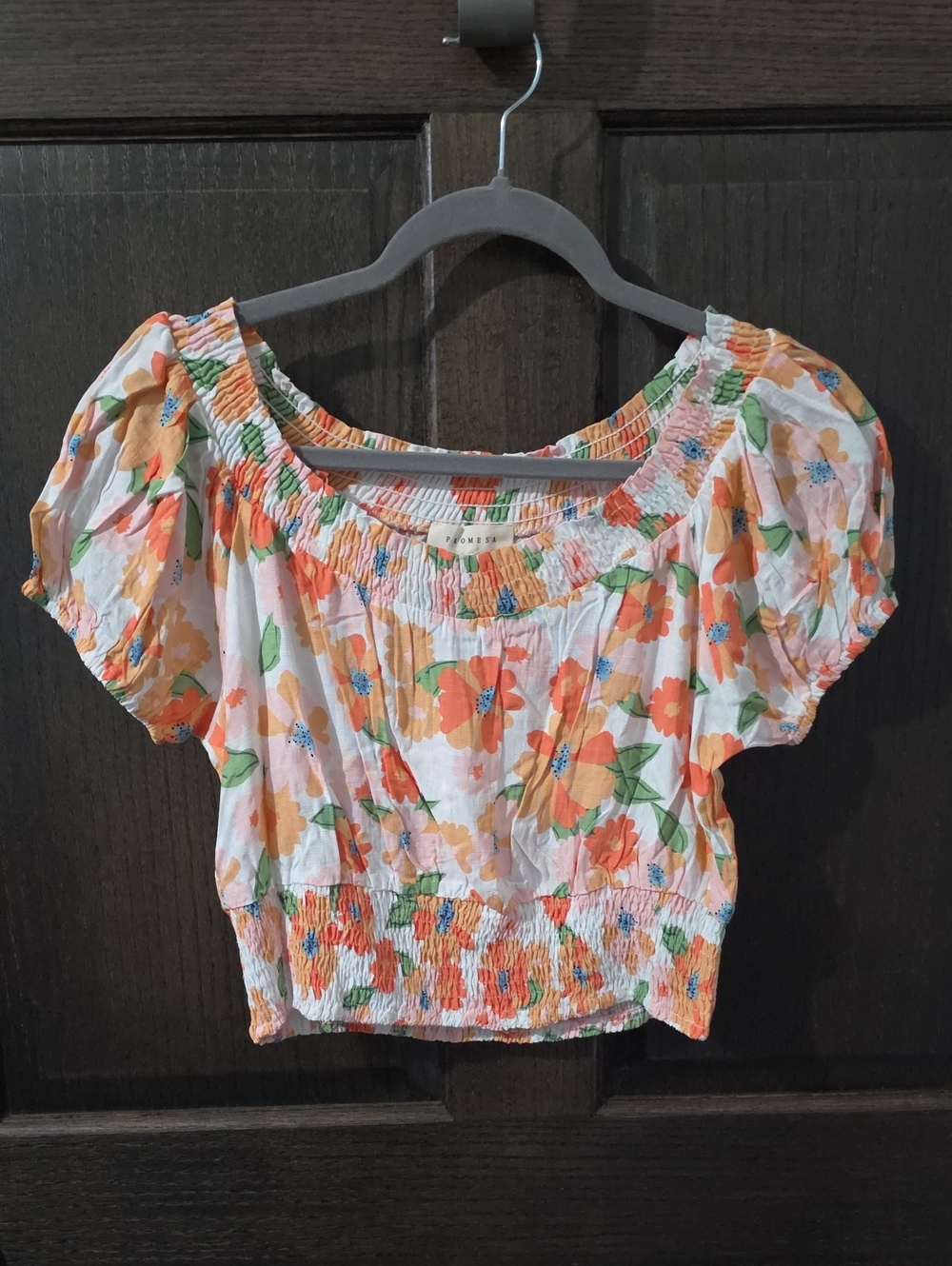 Promesa White Crop Top with Orange Floral Print
